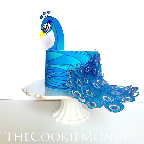 Peacock Cake Kit Edible Wrapper and Cardstock Topper w/ Edible Wafer Paper Tail