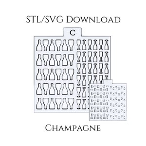 Może przedstawiać: Czarno-biały projekt linii przedstawiający butelki szampana i kieliszki. Projekt jest oznaczony jako "STL/SVG DOWNLOAD" i "CHAMPAGNE".