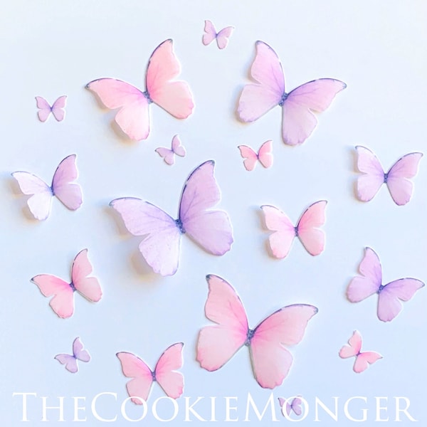 Soft Violet and Pink Edible Pre-Cut 3D Wafer Paper Butterflies--14 Multi-Sized Edible Butterflies