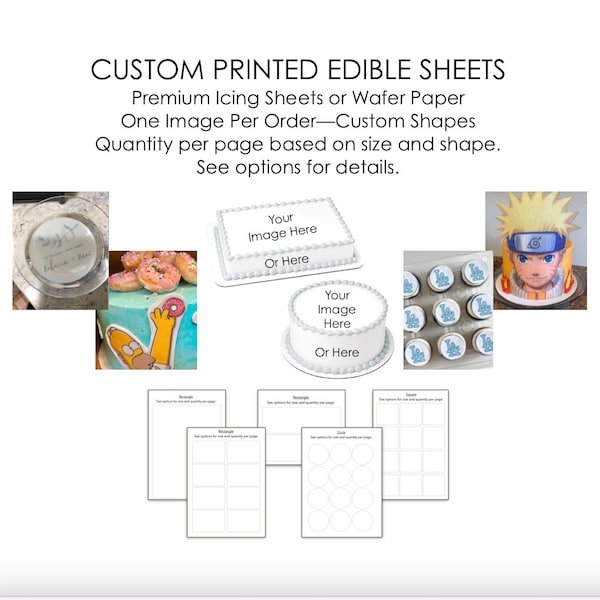 Custom SINGLE DESIGN Edible Sheet and Toppers--Single Image--Size, Shape and Icing Sheet/Wafer Paper Options Available