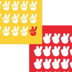 以下が含まれることがあります： 黄色の背景に白いピースサインが並んでいます。下の列の真ん中に赤いピースサインが1つあります。背景が赤色に変わると、白いピースサインが並んでいます。