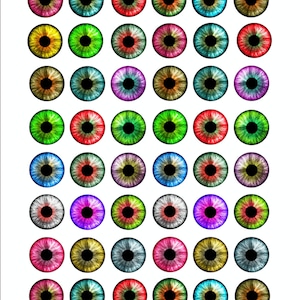 May include: A collection of 36 colorful eye designs, each with a unique pattern and color combination. The eyes are arranged in a grid pattern, with six rows and six columns.