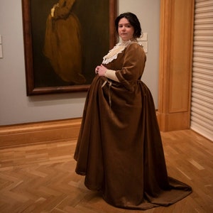 Edwardian Maternity Dress Gown Brown Velvet Wrapper Style with Silk Pouch Blouse 20th Century Period Historical Costume Cosplay One Size