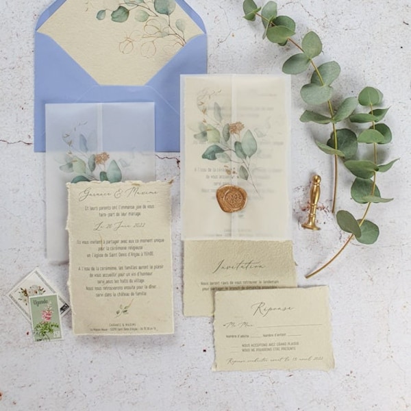 Faire-part mariage papier chiffon eucalyptus