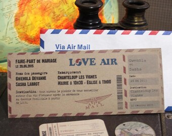 Faire-part mariage thème VOYAGE - BILLET D'AVION -