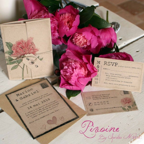 Faire-part x10  Mariage / Naissance / Baptême thème PIVOINE