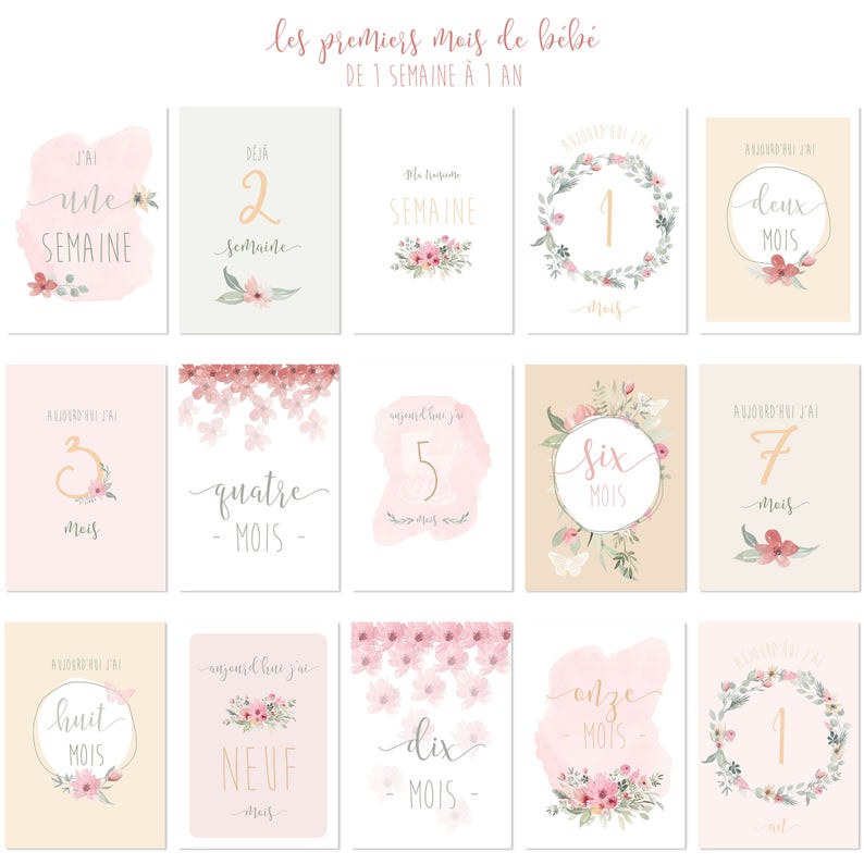 Card stage baby birth at 1 year old pink or blue Français