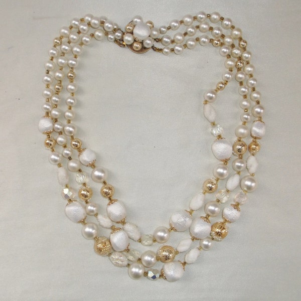 Vintage Triple Strand Faux Pearl White and Gold Bead Aurora Borealis Spring Summer Necklace Jewelry Gift