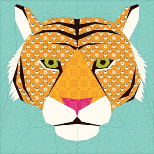 May include: A colourful paper pieced tiger face with orange, white, black, green and pink. The tiger has a floral pattern on its fur.