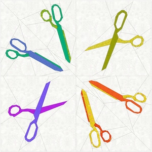 May include: Four pairs of scissors in different colours and designs. The scissors are arranged in a square pattern, with each pair pointing towards the centre of the square. The scissors are made of paper and are a colourful and creative craft project.