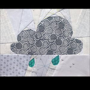Peut inclure: Gros plan sur une œuvre d'art textile représentant un nuage. Le nuage est fait de tissu à motifs gris et blancs avec des cercles gris foncé. En dessous, deux formes de gouttes vertes et des motifs de flocons de neige gris.