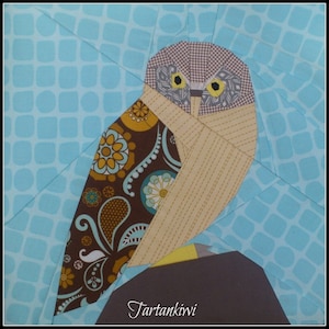 Könnte beinhalten: Eine braune und beige Eule mit einem gemusterten Design auf ihren Flügeln, die auf einem grauen Felsen sitzt. Der Hintergrund ist hellblau mit einem Gittermuster. Der Text "Tartankiwi" ist unter der Eule gedruckt.
