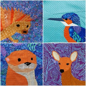 Könnte beinhalten: Eine Collage aus vier Stoffapplikationen von Tieren. Oben links ein stacheliger orangefarbener und weißer Igel, oben rechts ein blauer und orangefarbener Eisvogel, unten links ein brauner und orangefarbener Otter und unten rechts ein braunes und orangefarbenes Reh.