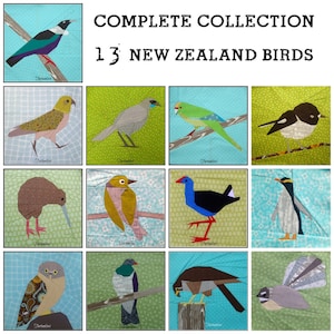May include: A collection of 13 New Zealand bird illustrations, each depicted in a colorful, paper-cut style. The birds are arranged in a grid pattern on a white background with the text "COMPLETE COLLECTION 13 NEW ZEALAND BIRDS" at the top.