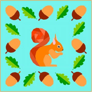 Puede incluir: Ilustración de dibujos animados de una ardilla naranja sosteniendo una nuez, rodeada de bellotas y hojas verdes sobre un fondo azul claro. La ardilla tiene una cola grande y tupida y mira hacia la izquierda. Las bellotas tienen tapas marrones.