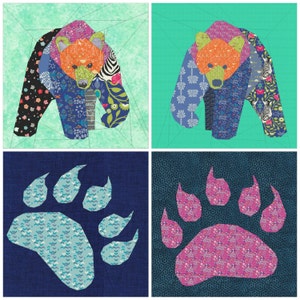 Pode incluir: Quatro painéis com um urso de patchwork e pegadas. Os painéis superiores mostram um urso com pele estampada colorida sobre um fundo turquesa. Os painéis inferiores exibem pegadas de urso em padrões azuis e rosa sobre um fundo azul escuro.