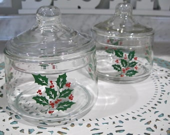 Vintage Holly Christmas Jars: Set of 2, Indiana Glass Holiday Jars
