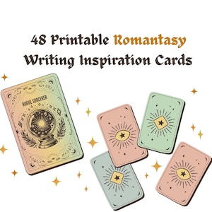 May include: A collection of 48 printable Romantasy writing inspiration cards. The cards feature illustrations of a crystal ball, eyes, and stars. The color palette includes pastel pink, green, and blue with gold accents. The text on the cards reads "Rogue Sorcerer".