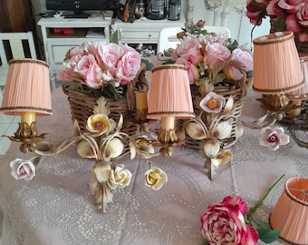 Pair florentine sconces lovely pastel tole porcelain roses,2 bulbs each, porcelain roses, italian sconces,venetian flowers silk lampshades