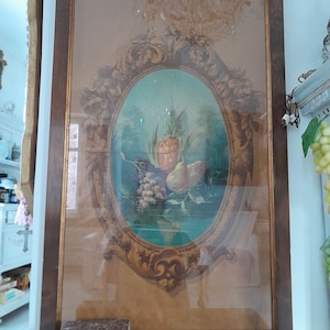 NEW!large italian antique print on old paper, central medaillon w fruit on exotic background, vtg faded colors 1940 ca,glazed,wooden frame
