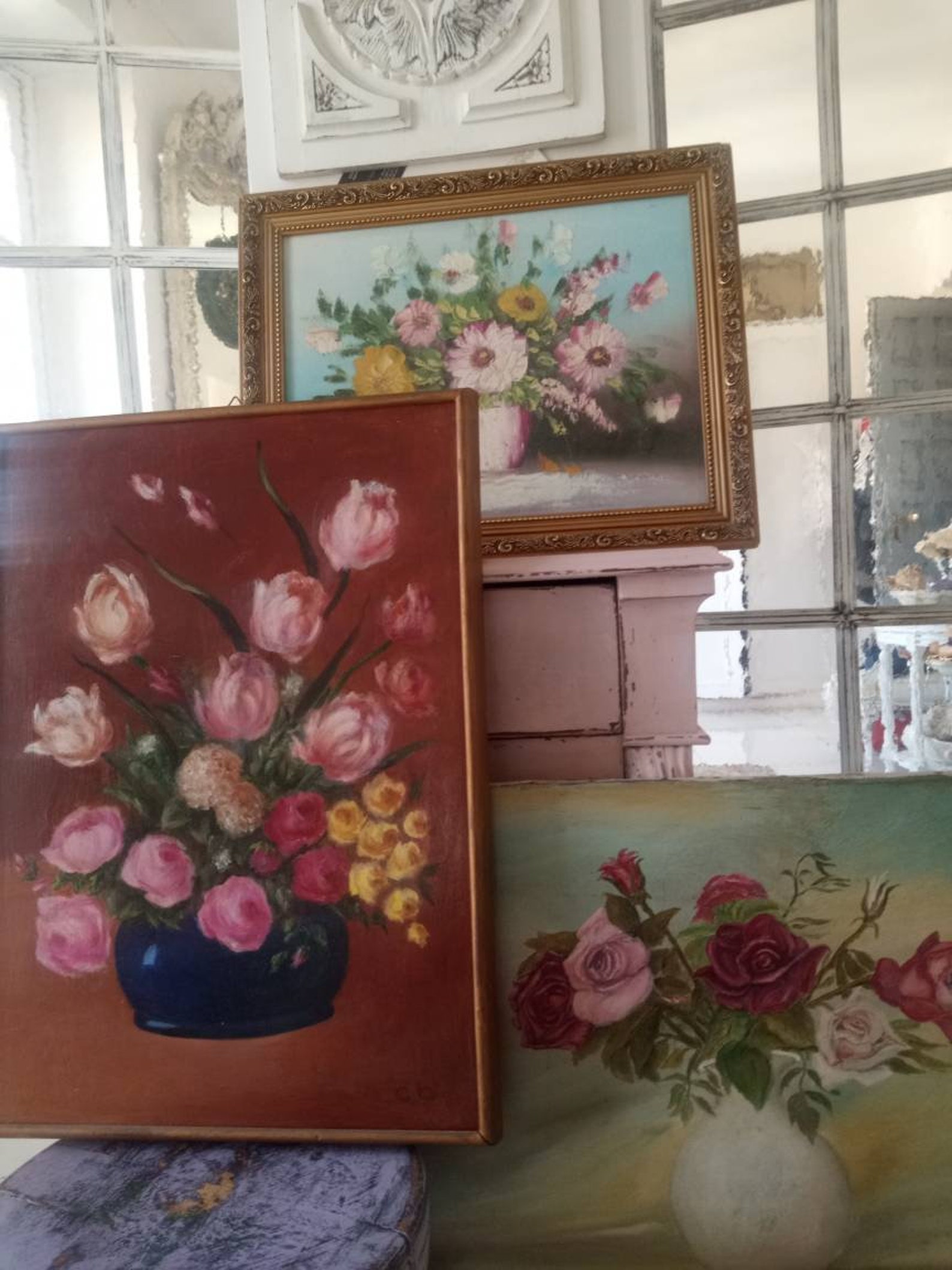 Set of 3 Oil Paintings on Canvassigned Vase of Rosesenglish Etsy