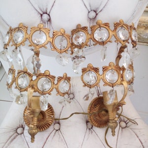 REDUCED! Love ribbonEmpire sconces Louis XVI style antique 50s WREATH  glass brass italian Chateau wall lamps octagon drops Marie Antoinette