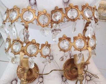 Empire sconces Louis XVI style antique 50s WREATH and LOvE RIBBON glass bronze wall italian Chateau boudoir lamps w facetted beads drops