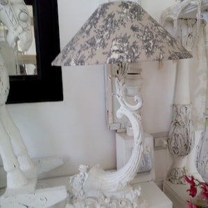 Italian Wood+barbola Table lamp cornucopia design 50&#39;s shabby chic relooked w/Annie Sloan Old White +Toile de Jouy lampshade in taupe-coffee
