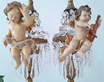 new! PAIR of wooden angels cherub flying puttis winged gold foiled, hand sculptured, beautiful hand painted musician flying presepe angels