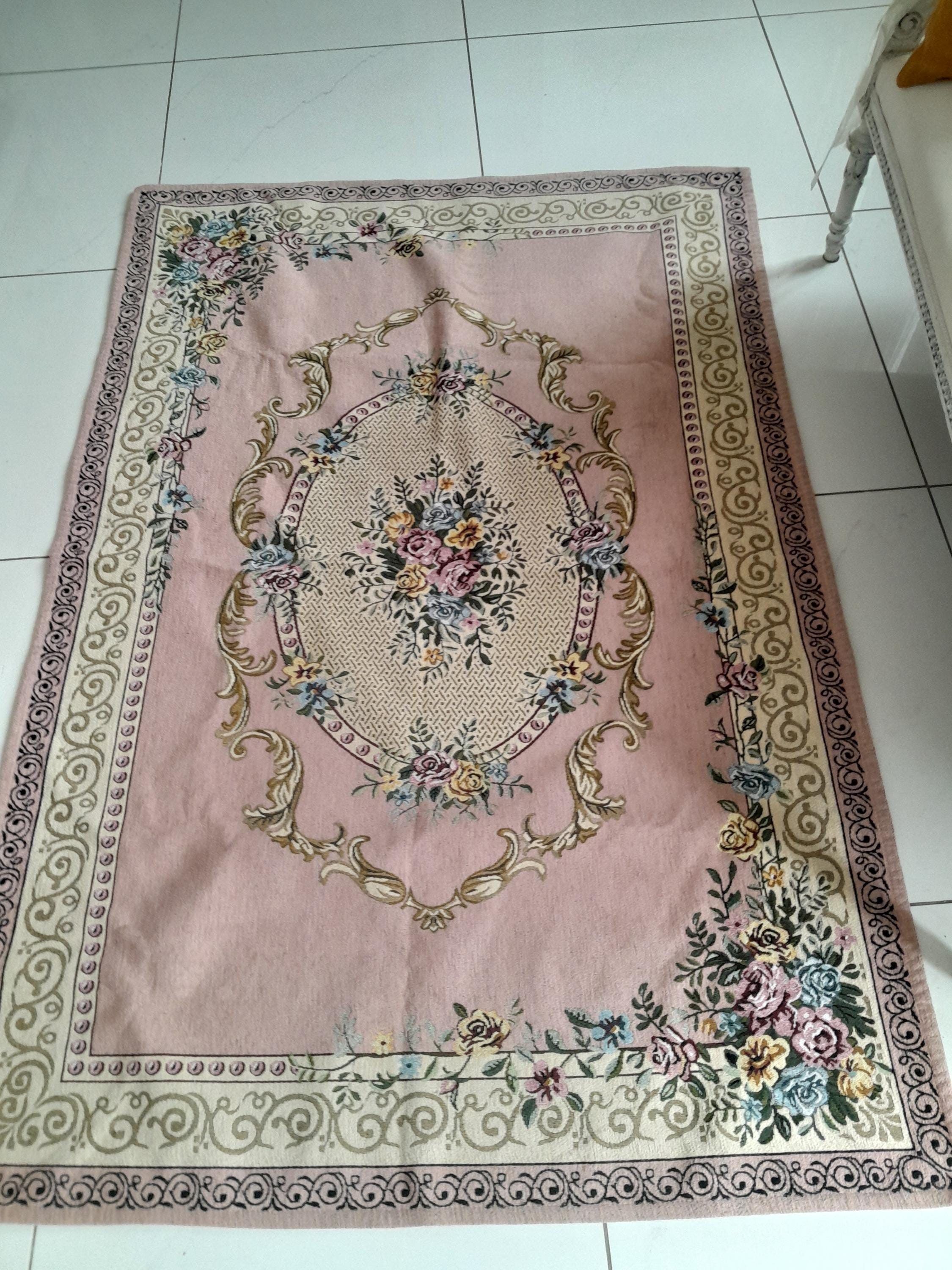 NEW! Aubusson style cotton machine washable,needle point pink gold rug carpet,master bedroom,central medaillon,made in Italy victorian roses