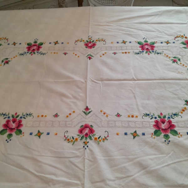 Cross stitch tablecloth romantic roses, vintage 60s REctangular, hand crocheted embroidered w pastel color thread on natural white cotton