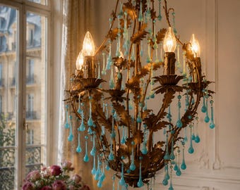 new!Italian Murano blue opaline 6bulb chandelier 90 drops! warm gold patina, metal candleholders, wired US suitable cage shape w leaves,rare
