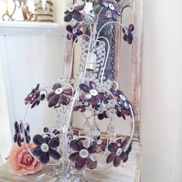 MURANo  AMETHYST chandelier, baloonsilver tole icicle drops beaded Maison Bagues Style Paris apartment,flower style Venetian  glass