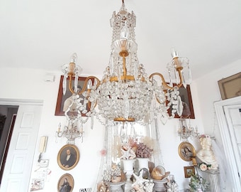 MajesticLARGE empire chateau chandelier 6 arms, beades swags, glass bobeche, candleholder, venetian, serenissima, italian gold and  brass