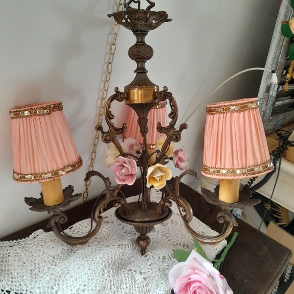 french roses brass chandelier, italian, 3 bulbs, dark gold, nordic style, french cottage, shabby chic, gustavian, marie antoinette