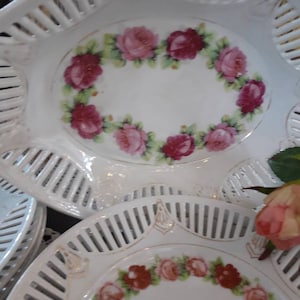 REDUCED! antique reticulated bavarian set of serving oval bowl and 6 fruit or cake plates, victorian roses, roses garland, white china,