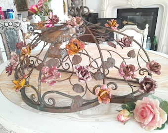 REDUCED! Antique CIEl de lit italian CANoPY Bed CROWN CoRONA Wrought Iron dome of roses RusTy PATINa Scrolls Lace CURTAiNs