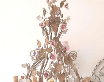 RARE large and tall florentine roses tole chandelier, nordic style,italian chandelier, venetian 8 bulbs, romantic cottage, flower chandelier