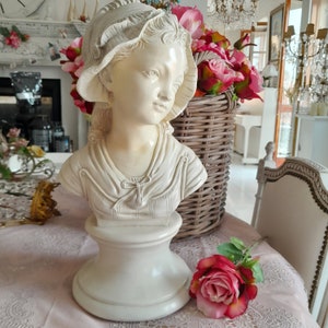 Faux marble bust of a "peasant girl with bonnet" after Grinam Niam Paris 1950 resin cast antique vintage,french  lady, sculpture, home decor