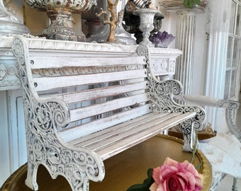 italian antique dolls bench or deco bench shabby chic white chipped casta iron and wooden beams. French style, gustavian style, french decor