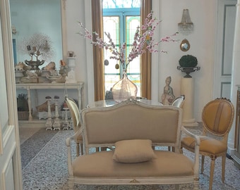 SOMENTE ENVIO PARA A EUROPA, Sofá de dois lugares Luís XVI, pequeno sofá Versalhes, linho puro, estilo castelo, Maria Antonieta, guirlandas de rosas, branco estilo shabby chic francês