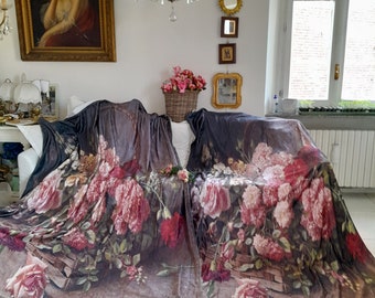 VELVET FLOWEr design print polyestere twin XL size bedspreads throws blankets PAIR wonderful antique oil painting replica of art masterpiece