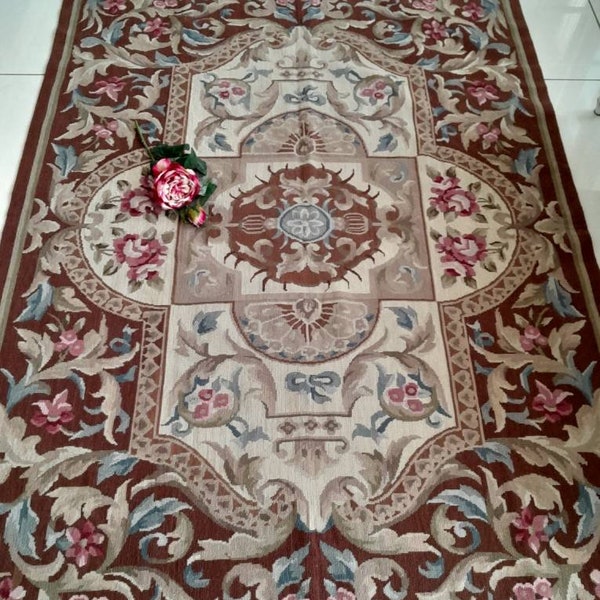 AUBUSSON rug french style needlepoint carpet area roses pastel Louis style,Versailles,vintage,Cottage chic,victorian roses,antique