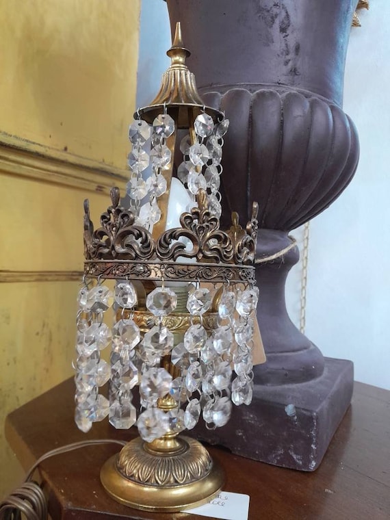 FRENCH Crystal Brass Vintage Abat Jour Girandole Table Lamp