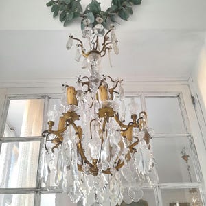 Large Murano maria theresa chandelier 6 bulbs french style, chateau, crystal and brass huge drops, swags, chain, obelisks, Murano, chateau