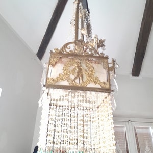 SALE!Art deco 1906 putti chandelier with crystal fringe, gold tone, one E27 bulb electrified, empire style, italian chandelier, antique gold