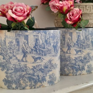 Pair of large wooden blue toile de jouy OVAL canisters w blue idrangeas. Vintage, wood covered with toile de jouy paper, french, shabby chic