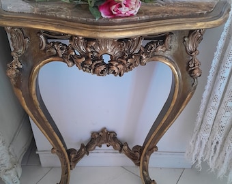 NOUVEAU ! Table console LOUIS xv 1950 2 pieds dorés et métallisés dessus en marbre château français de style Marie-Antoinette meubles italiens dessus en marbre antique