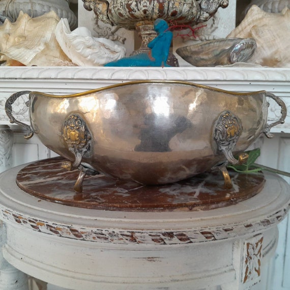 French Jardiniere Silver Pewter Metal, Lion Feet, Eared, Shabby