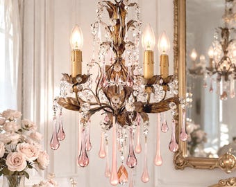 NEW! vintage italian chandelier gold tole pink Murano drops 5bulbsamethyst raindrops floral Metal Shabby Chic, romantic venetian florentine